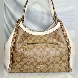 COACH Lexy Signature Logo Beige Tan Snake Skin Leather Shoulder Tote Bag Purse